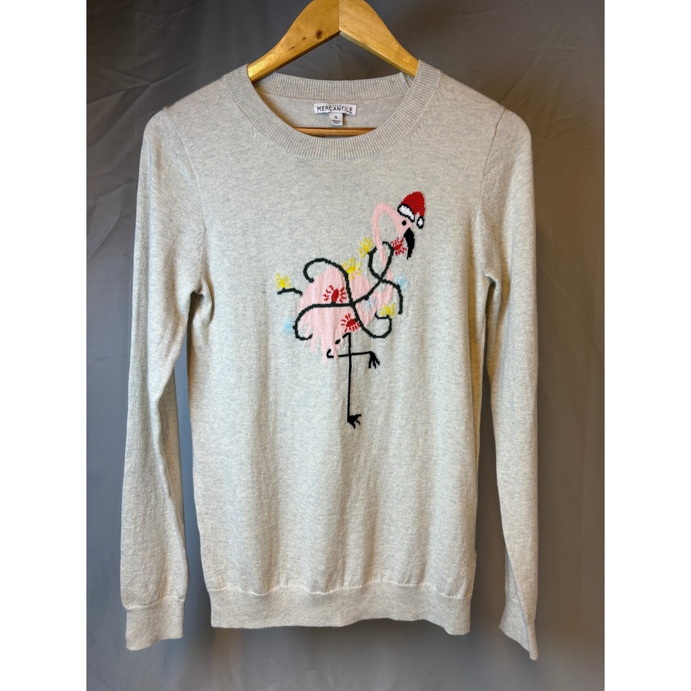 J Crew Mercantile Flamingo Christmas‎ Sweater Tan Santa Hat Holiday Lights Small